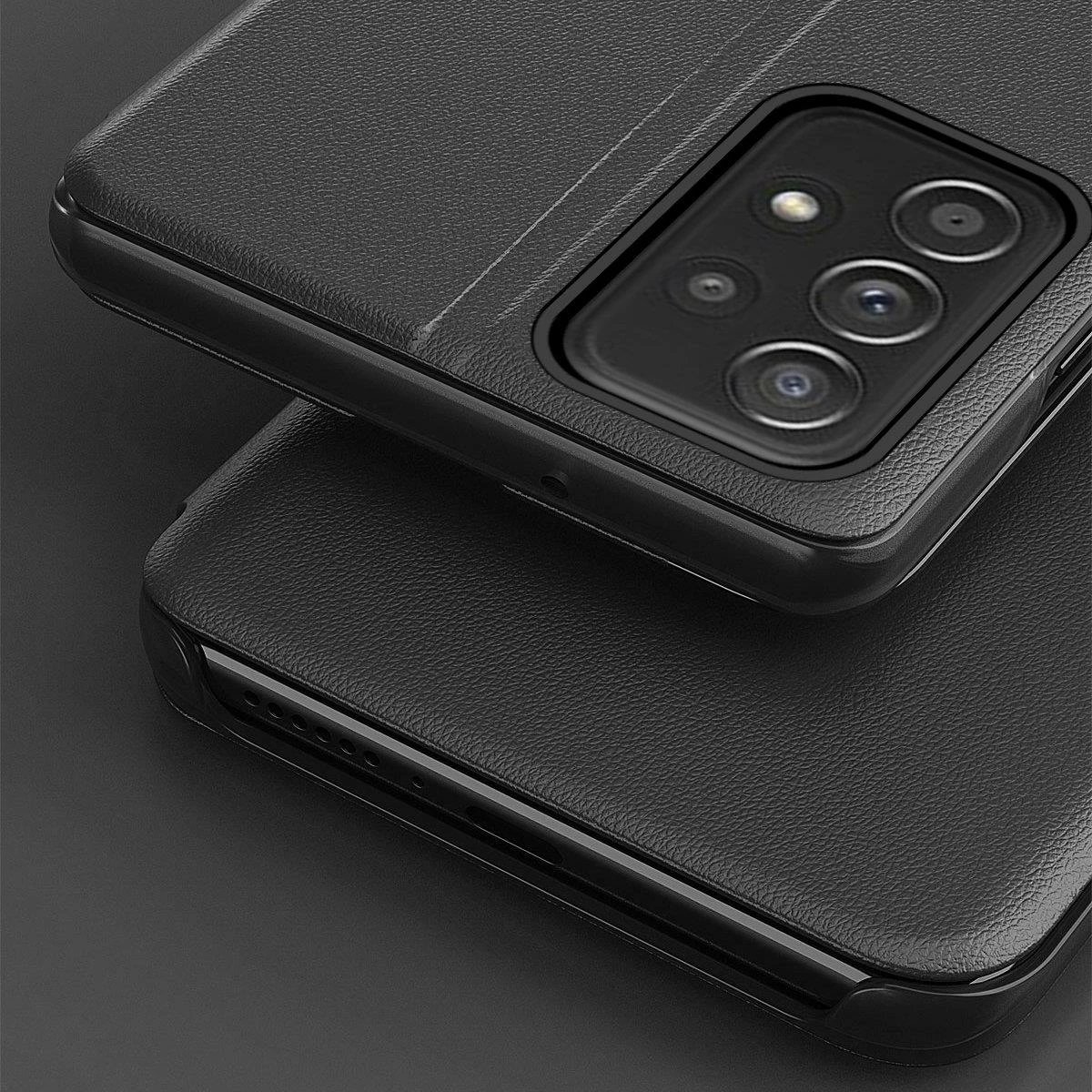 Mbështjellës Hurtel Eco Leather View Case për Samsung Galaxy A73, me kapak dhe mbajtëse, Blu