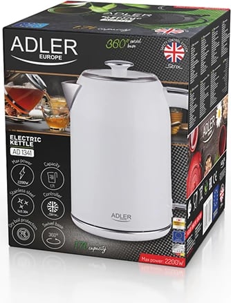 Zierëse uji elektrike, Adler, AD 1341, 1.7 L, element çeliku inox, STRIX, bazë 360°, e bardhë