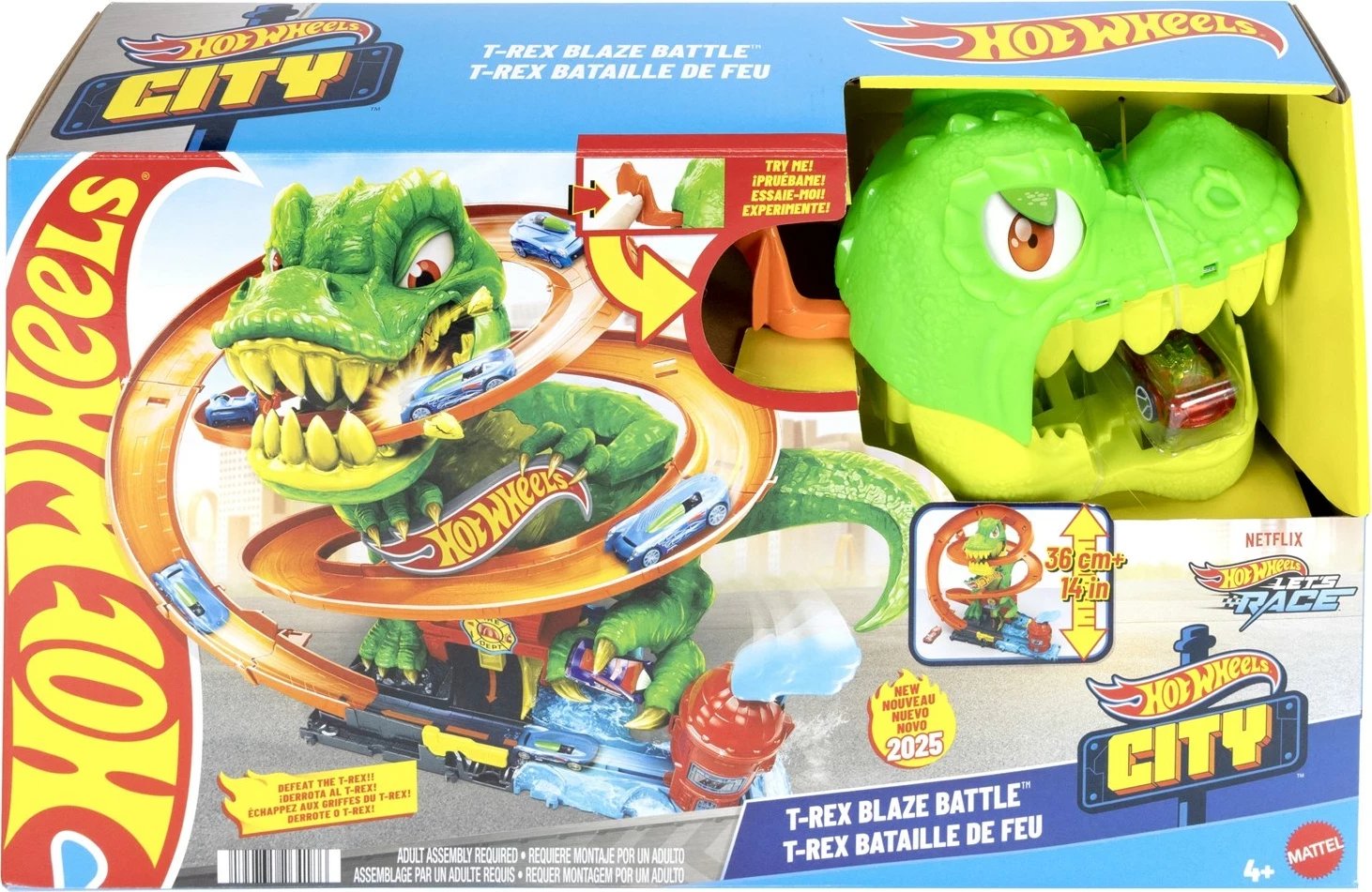 Set lodrash Hot Wheels City T-Rex Blaze Battle me veturë 1:64, shumëngjyrëshe