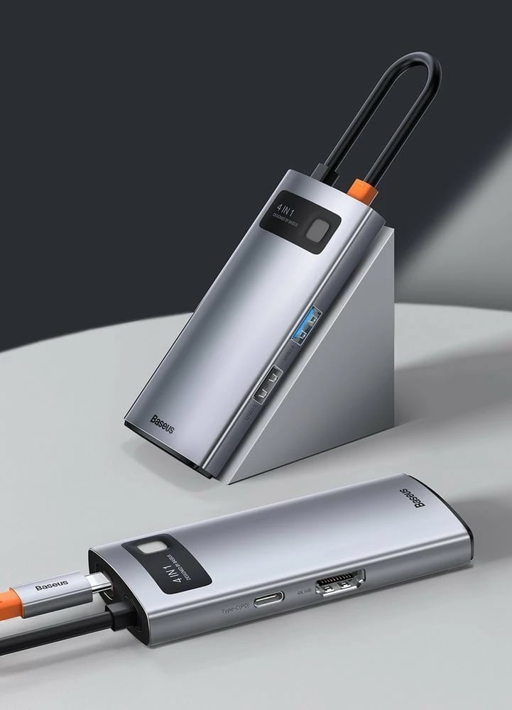 HUB multifunksional Baseus Metal Gleam 4-në-1, USB-C, HDMI 4K, Power Delivery 100W, Gri