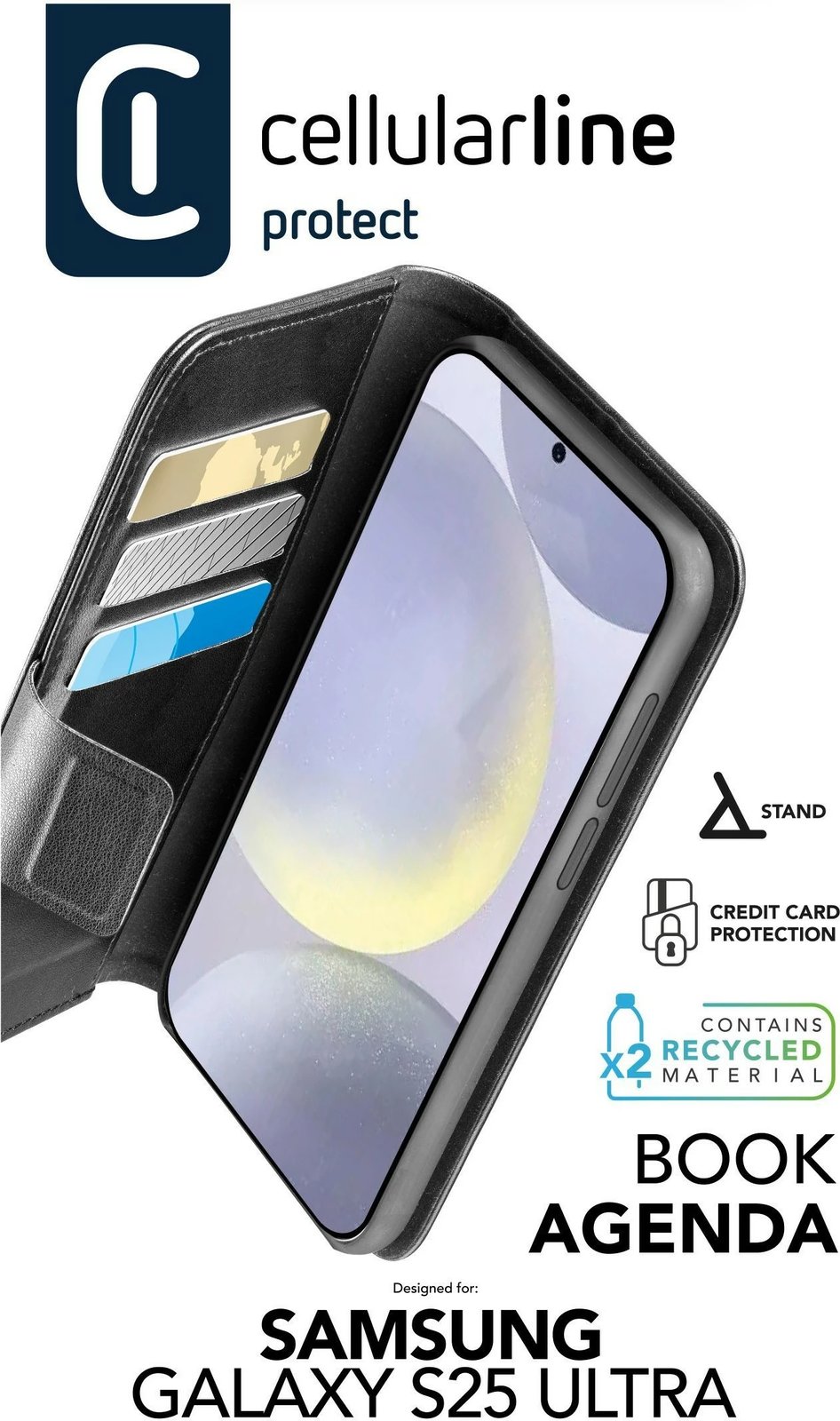 Mbështjellës folio Cellular Line për Samsung Galaxy S25 Ultra, 6.8", i zi