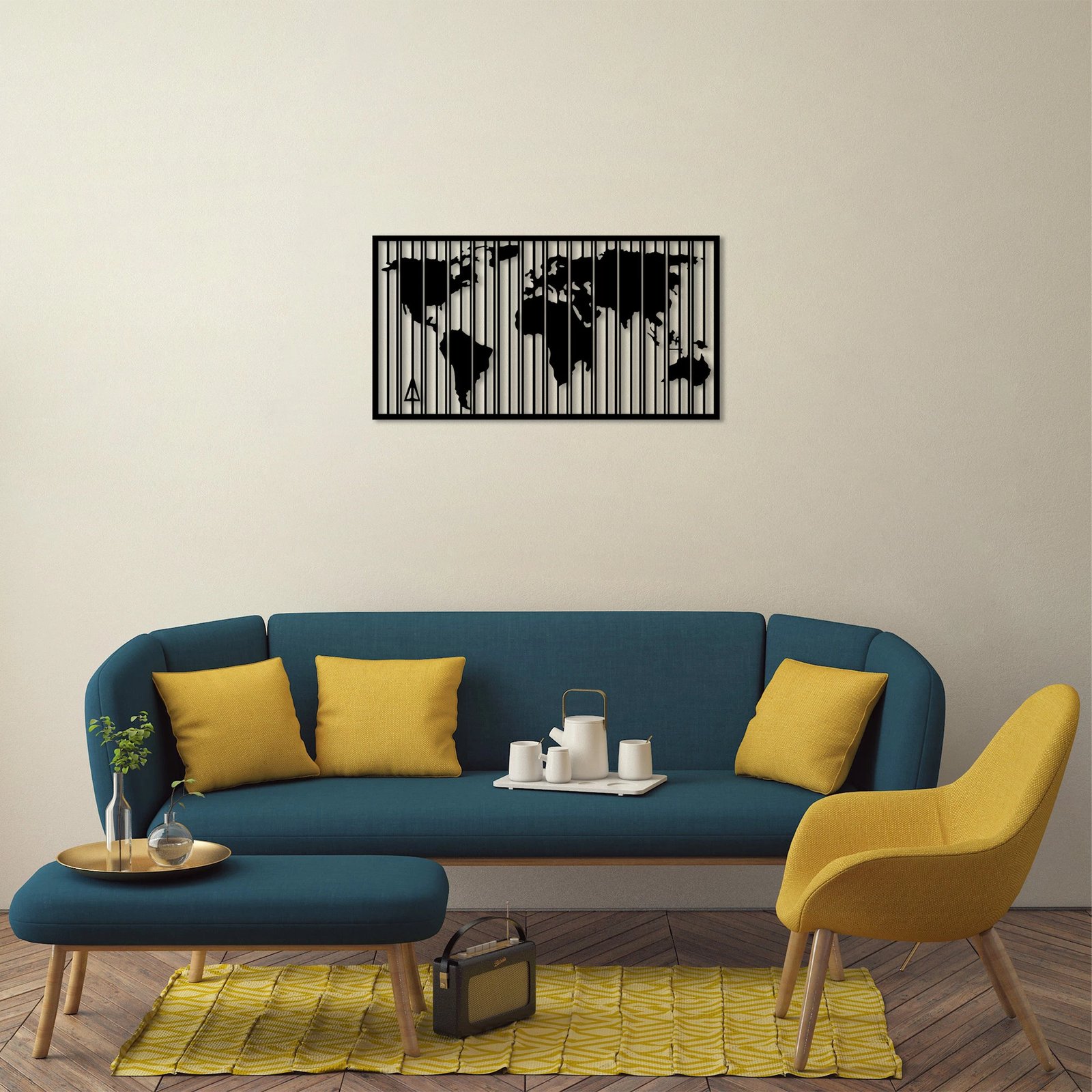 Aksesor dekorativ metalik për mur, hartë bote, Wallity, 47x90cm