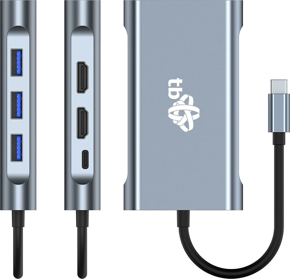 HUB Adapter TB AKTBXVA8W1UHVRJ, USB C 8-në-1, HDMIx2, VGA, RJ45, 3xUSB, Power Delivery, Grafit