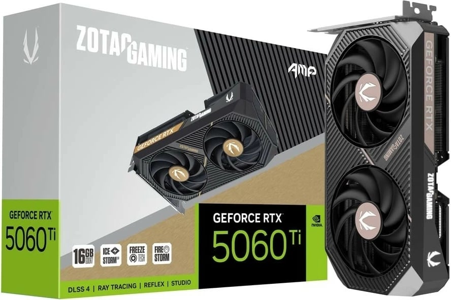 Kartelë grafike, ZOTAC, GeForce RTX 5060 Ti AMP (ZT-B50620F-10M), 16GB GDDR7 128-bit, 3x DP/1x HDMI, PCIe 5.0 x8