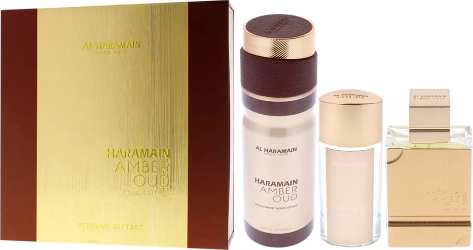 Eau de Parfum set për femra Al Haramain Amber Oud Gold Edition 75ml + 30ml + deodorant 200ml