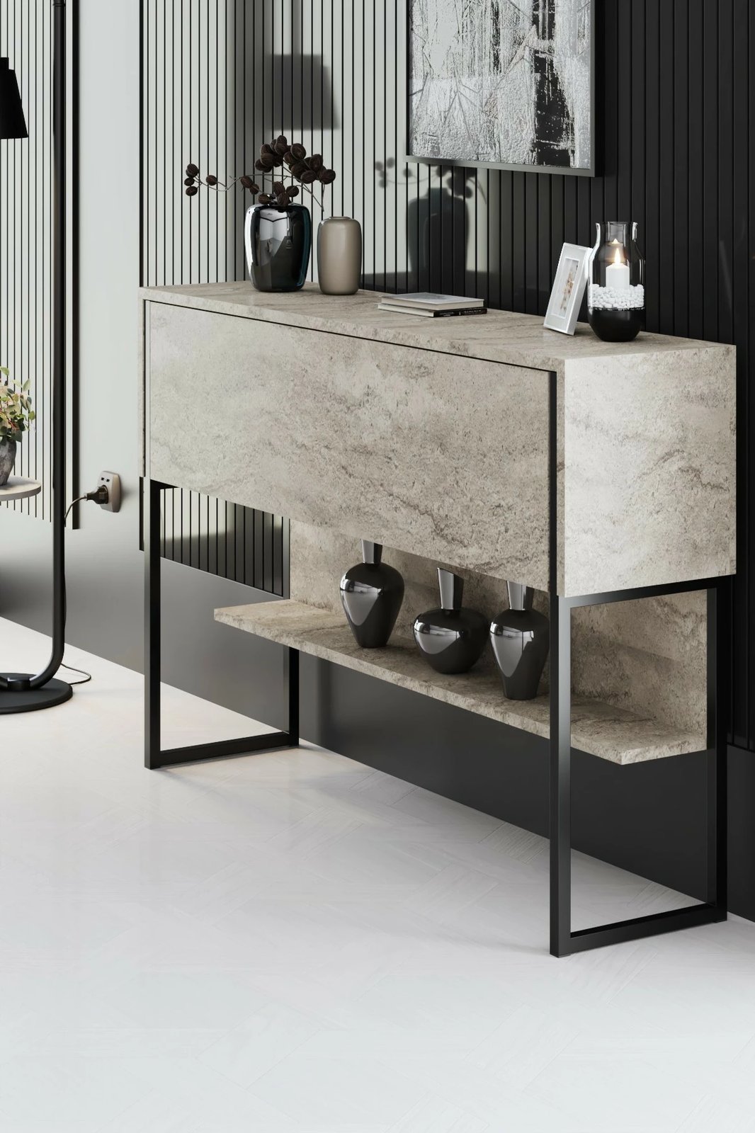 Komodë Hanah Home, Luxe, travertin, e zezë