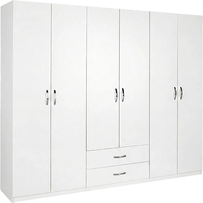 Dollap Dormie me gjashtë dyer, sirtarë, ngjyrë e bardhë, 206x52x213cm