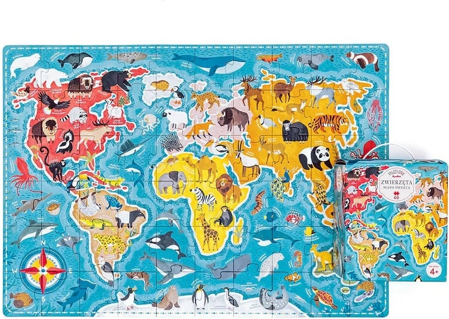 Puzzle edukativ CzuCzu Puzzlove, 60 pjesë, Harta e Botës me Kafshë, për fëmijë
