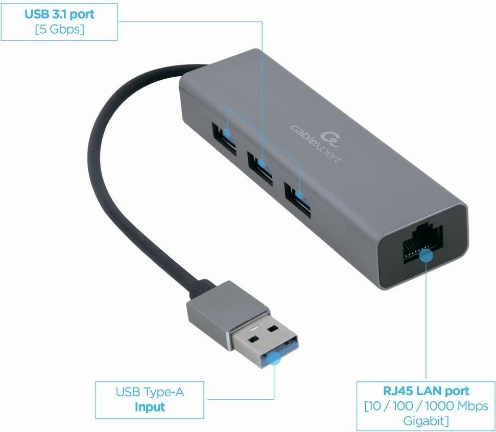 Adapter USB në LAN Gembird A-AMU3-LAN-01, 3x USB 3.0, Gri