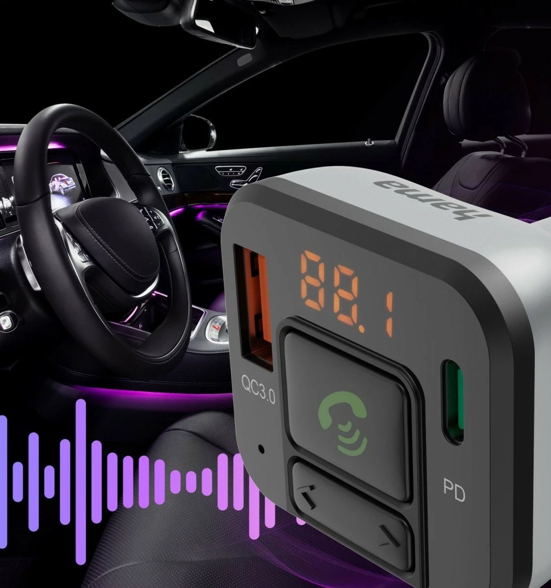 Transmetues FM me Bluetooth Hama 14169, karikues 20W, argjendtë