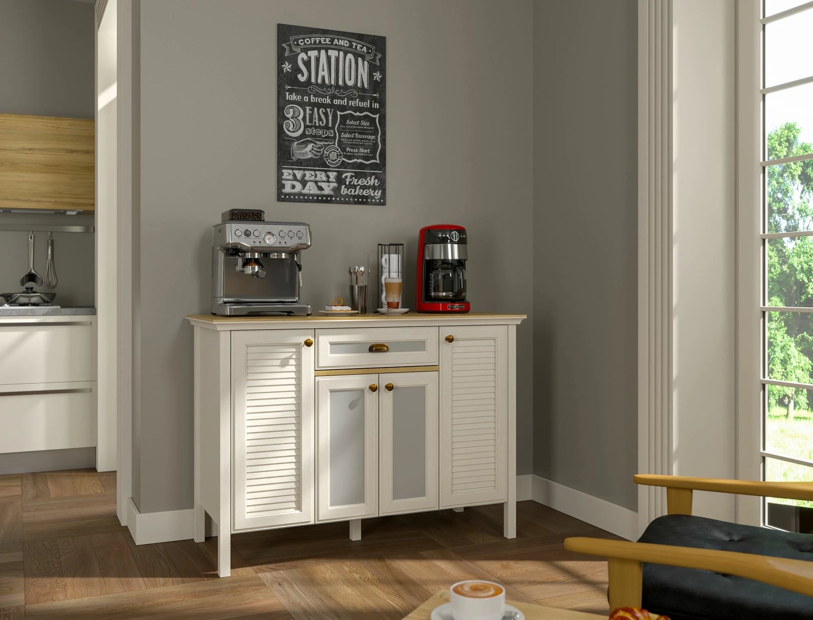 Kabinë për kafe, ngjyrë krem, lis, gri, Skye Decor, FRN-21034