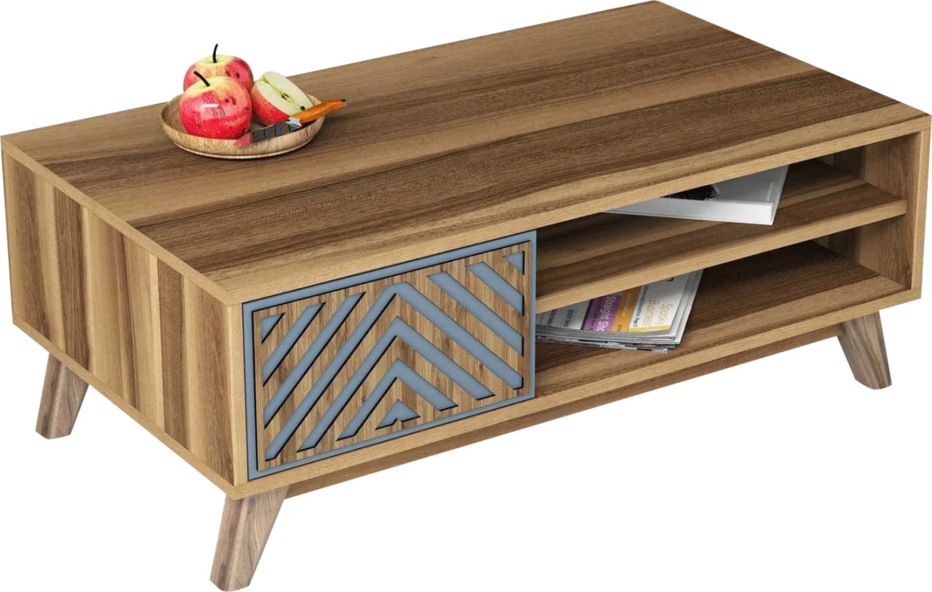 Tavolinë kafeje FH9502.02 melaminë me kabinet, ngjyrë arre dhe blu, 105x60x38.2H cm