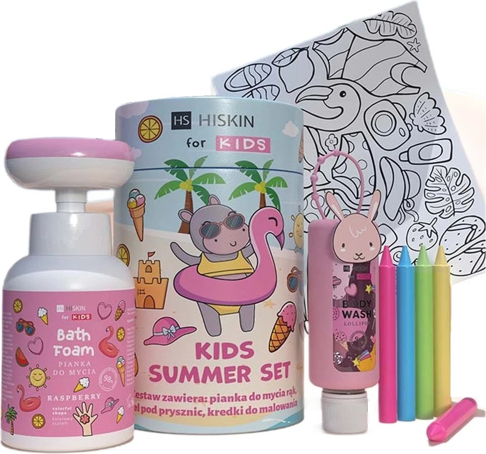 Set për banjë për fëmijë HiSkin Kids Summer Pink 75ml + 300ml + 5 lapsa + libër për ngjyrosje, pink