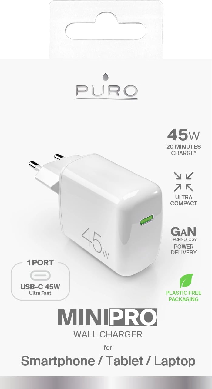 Karikues muri Puro Super Mini 45W PD GaN, USB-C, i bardhë