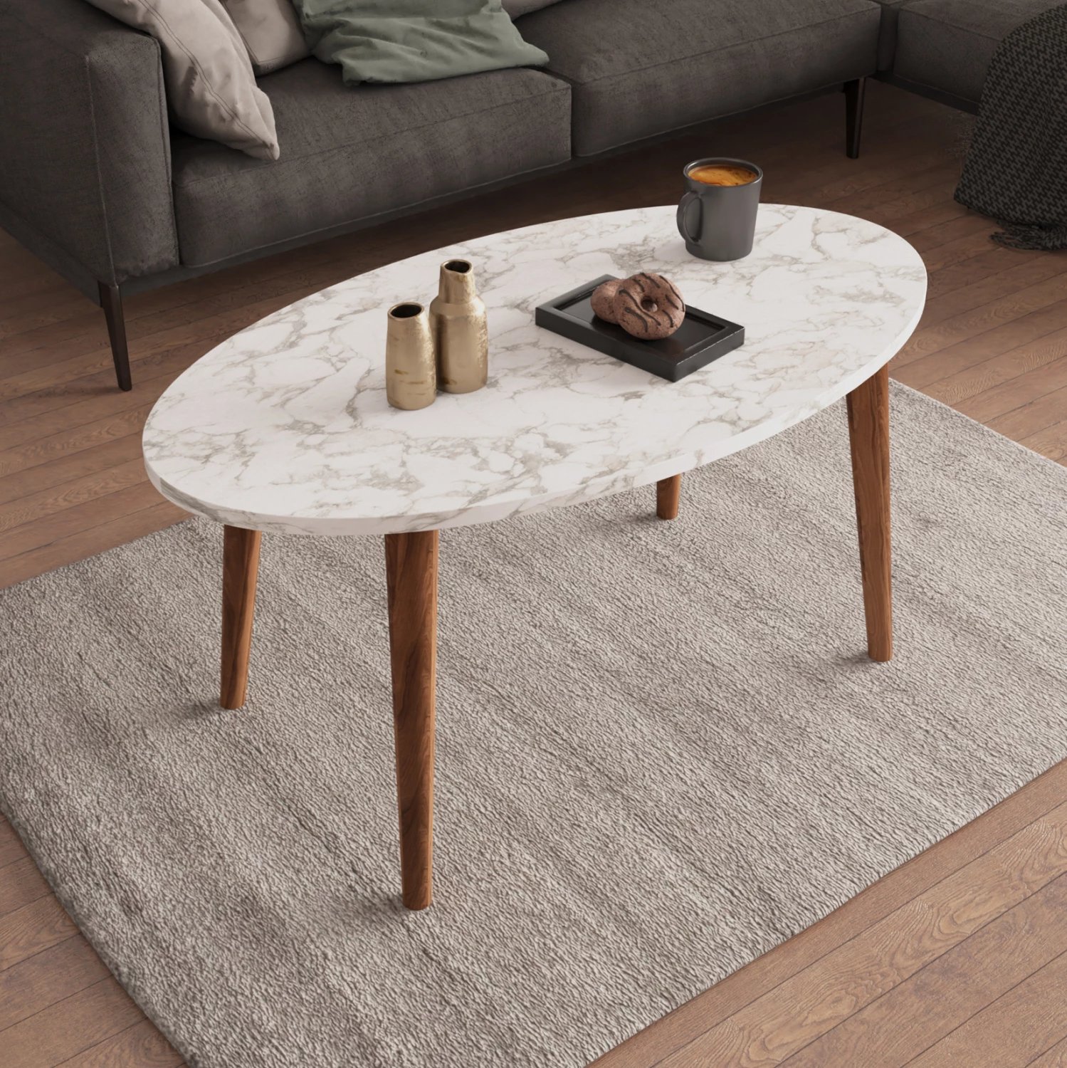 Set tavolinash kafeje dhe 3 tavolina anësore VITAL FH18180.03 melaminë, ngjyrë mermeri të bardhë, këmbë druri ngjyrë arre