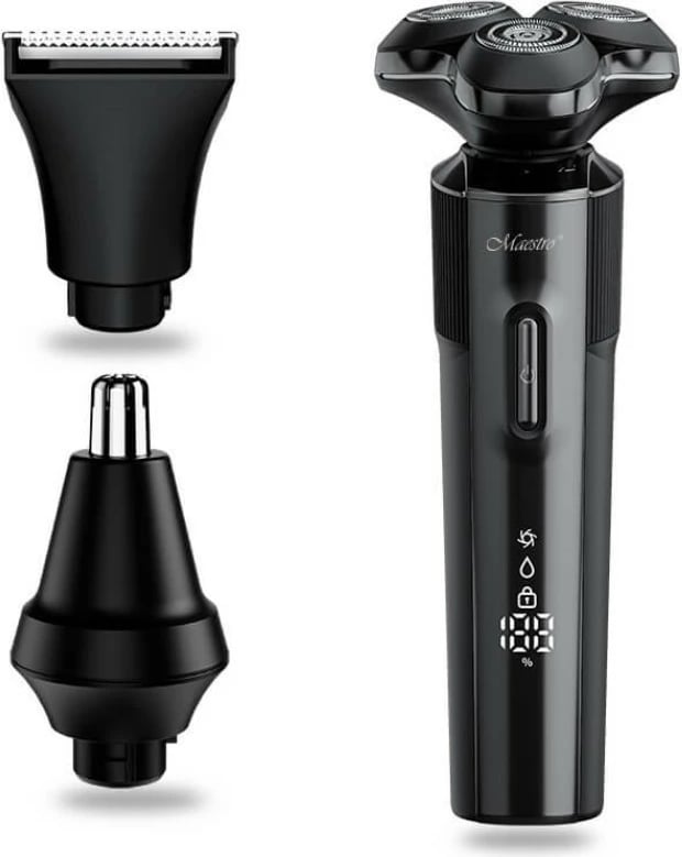 Makinë rroje 3‑në‑1 Feel‑Maestro MR-678 me USB‑C, bateri 800 mAh, IPX7, 90 min, me 3 koka + 3 krehra 3/5/7 mm, e zezë