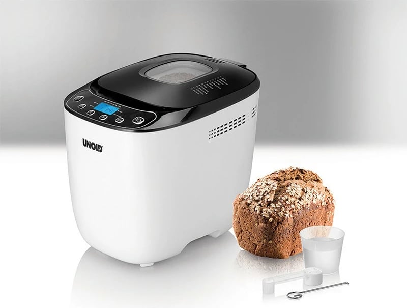Makineri buke UNOLD 68010, 1 kg, timer i programueshëm, kontroll i thekjes, funksion mbajtje ngrohtë, dritare shikimi, e bardhë