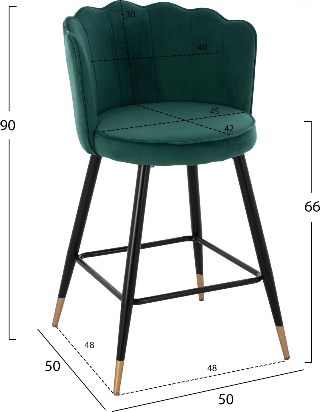 Karrige për bar mesatare, FH8736.03, kadife e gjelbër, kornizë metalike, 50x50x90 cm., set prej 2 copë