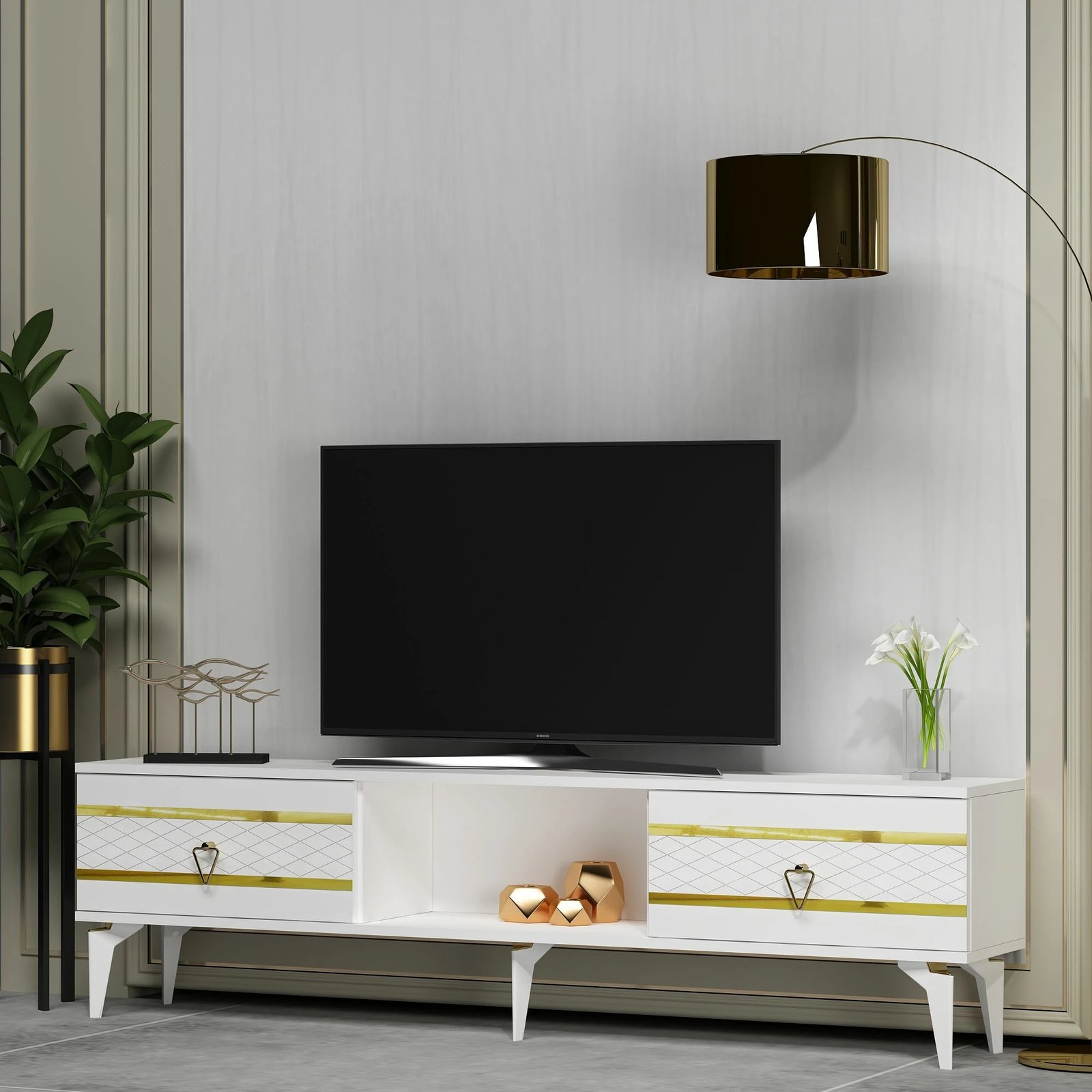 Komodë TV, ngjyrë e bardhë dhe ari, Skye Decor