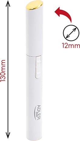 Trimer për vetulla, Adler AD 2934, teh çelik inox, krehër udhëzues dyanshëm 3.5mm/1.5mm, 1x AAA, strehë alumini, e bardhë perlë