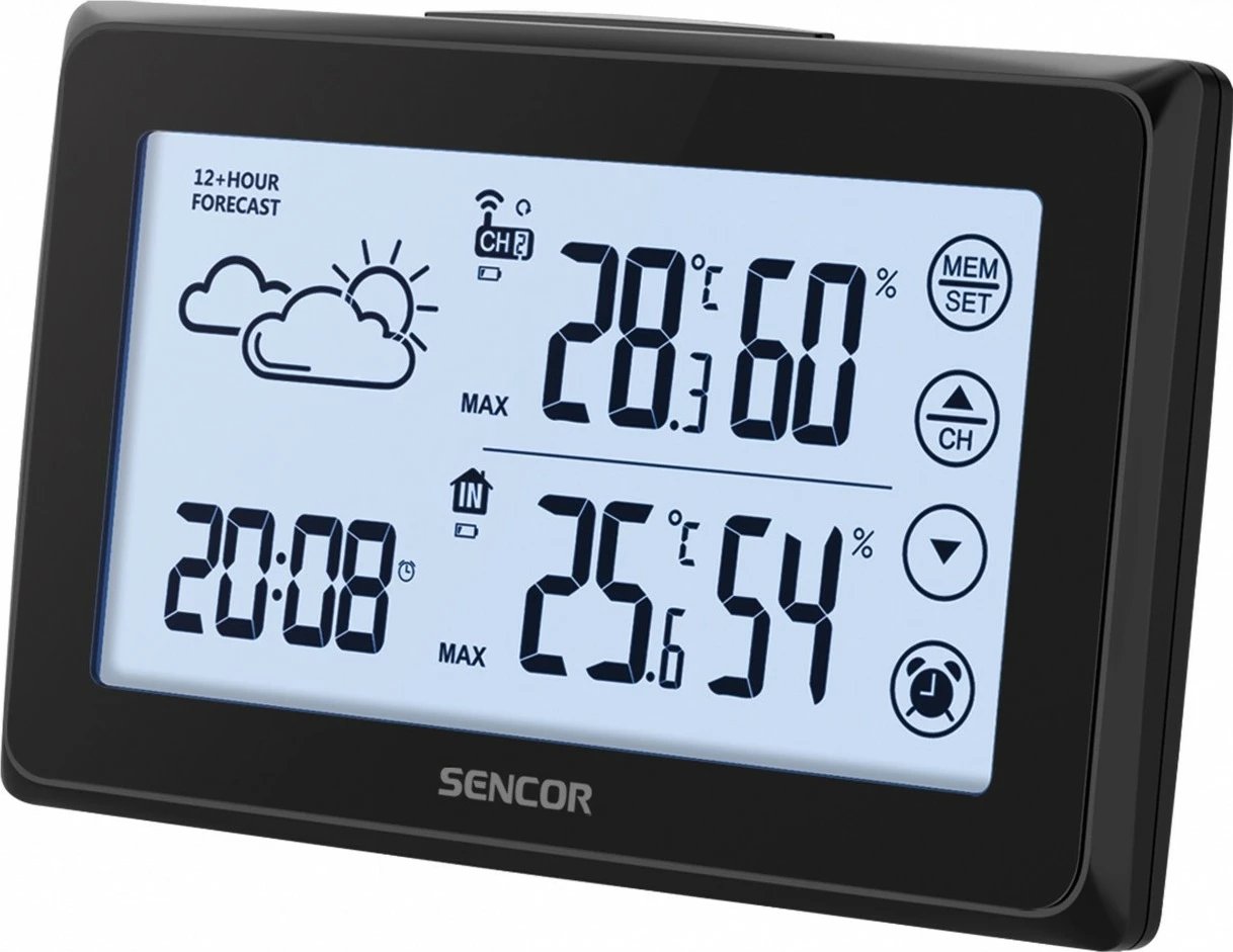 Stacion moti Sencor SWS 2850 me ekran me prekje, orë alarmi, 1 sensor i jashtëm, Zi