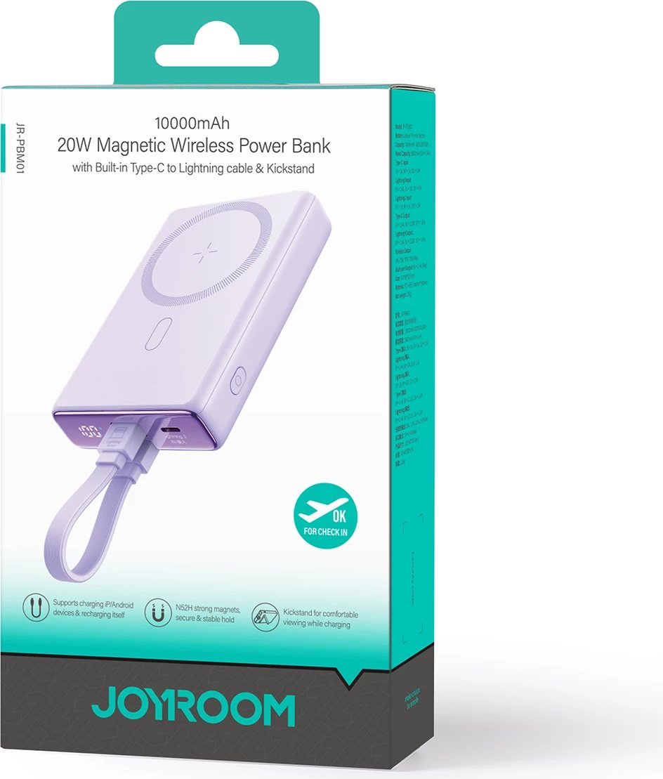 Powerbank Joyroom JR-PBM01, 10000mAh, 20W, MagSafe, me mbajtëse, USB-C & Lightning, Vjollcë