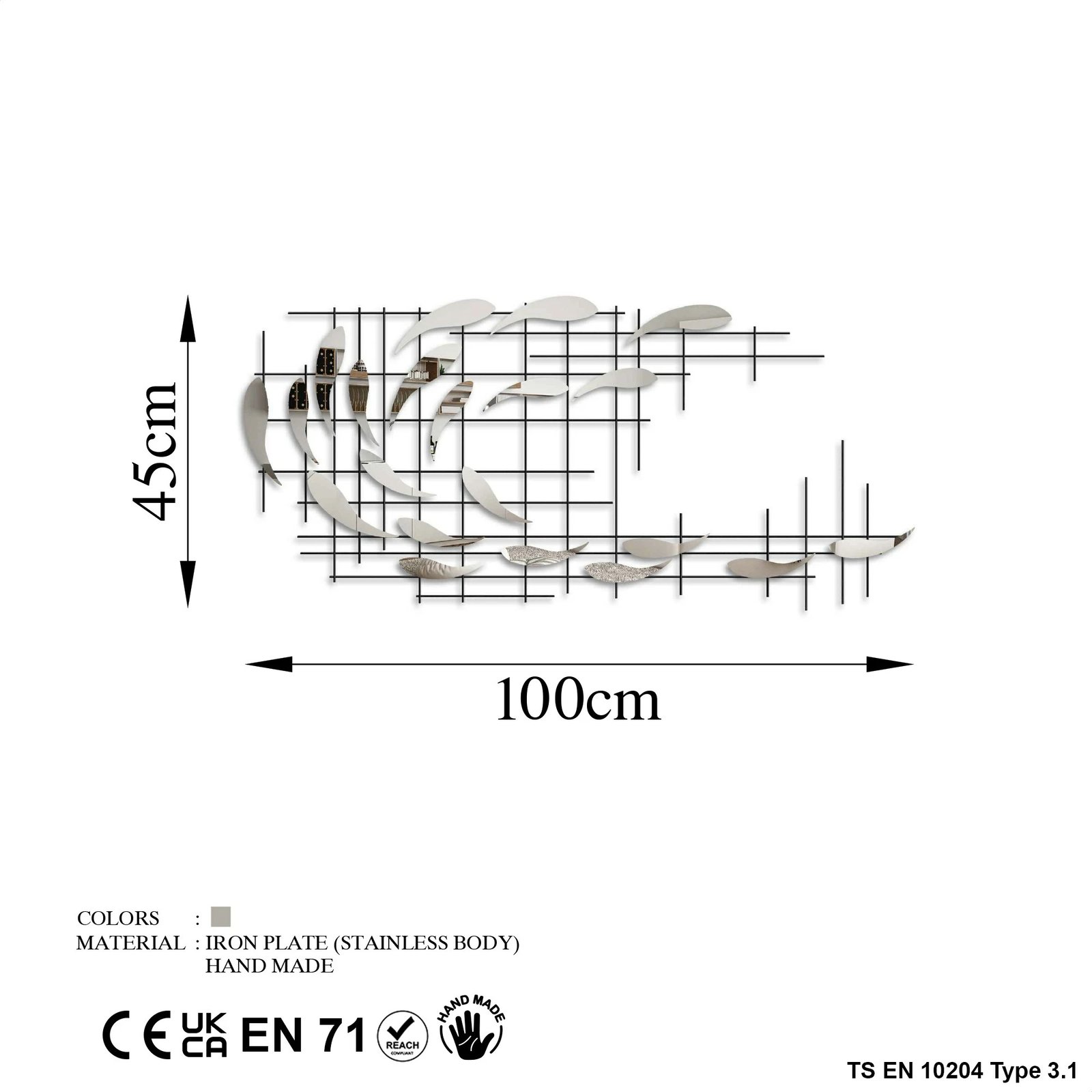 Aksesor dekorativ muri prej metali Wallity, Sheen - 3, shumëngjyrësh, 100x45x4 cm
