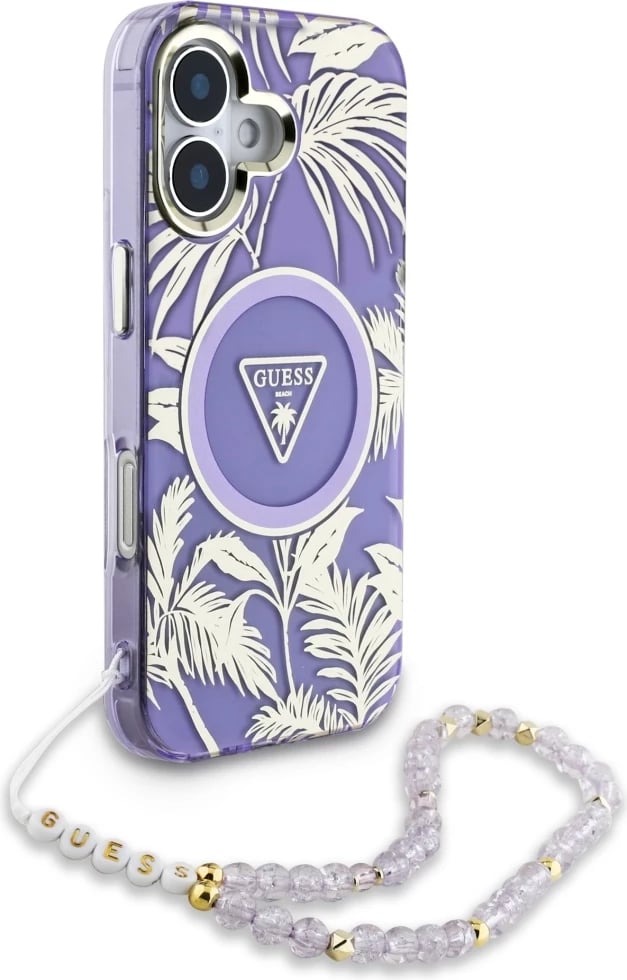 Mbështjellës Guess Palm Trees Triangle Pearl Strap MagSafe për iPhone 16, Vjollcë