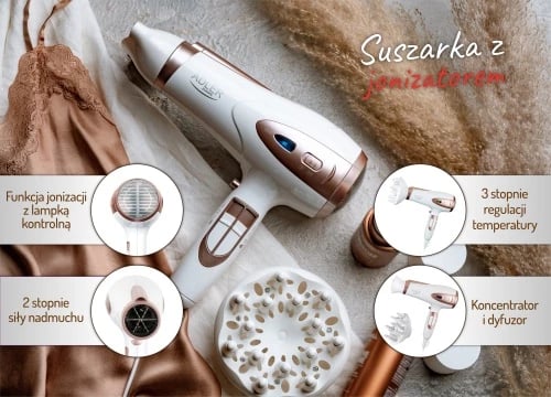 tharëse flokësh, Adler, AD 2248, 2200W, ION, 2 shpejtësi, 3 temperatura, Cool Shot, kabllo 1.8m, me difuzer dhe koncentrator, e bardhë