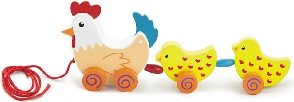 Lodër tërheqëse druri me litar, Viga Chicken, për 18+ muaj, me 3 figura, shumëngjyrëshe