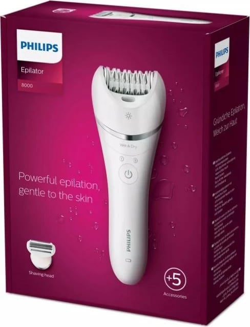 Depilator Philips Series 8000 BRE710/00, i bardhë, pa kabllo, për përdorim të lagësht dhe të thatë, me aksesorë