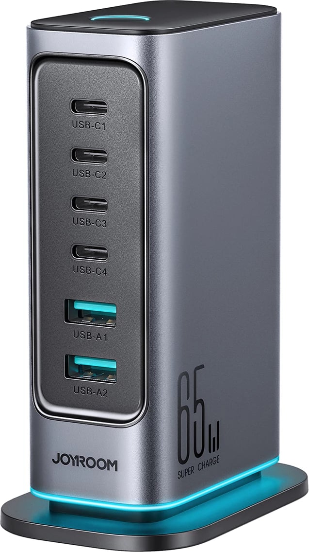 Karikues muri Joyroom JR-TCM02, 65W, 4x USB-C, 2x USB-A, GaN, Gri e errët