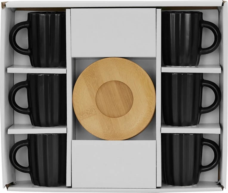 Set filxhanësh espresso Cactus, 6 copë, porcelan i zi, bambu natyral, 27x22x6cm Set filxhanësh espresso Cactus, 6 copë, porcelan i zi, bambu natyral, 27x22x6cm