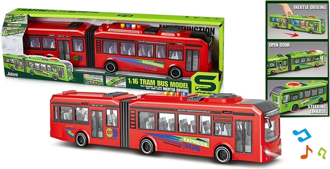 Autobus me dy seksione lodër, Artyk, 187360, shkallë 1:16, drejtim me disk në çati, drita e tinguj, me inerci, bateri AG13, Mix