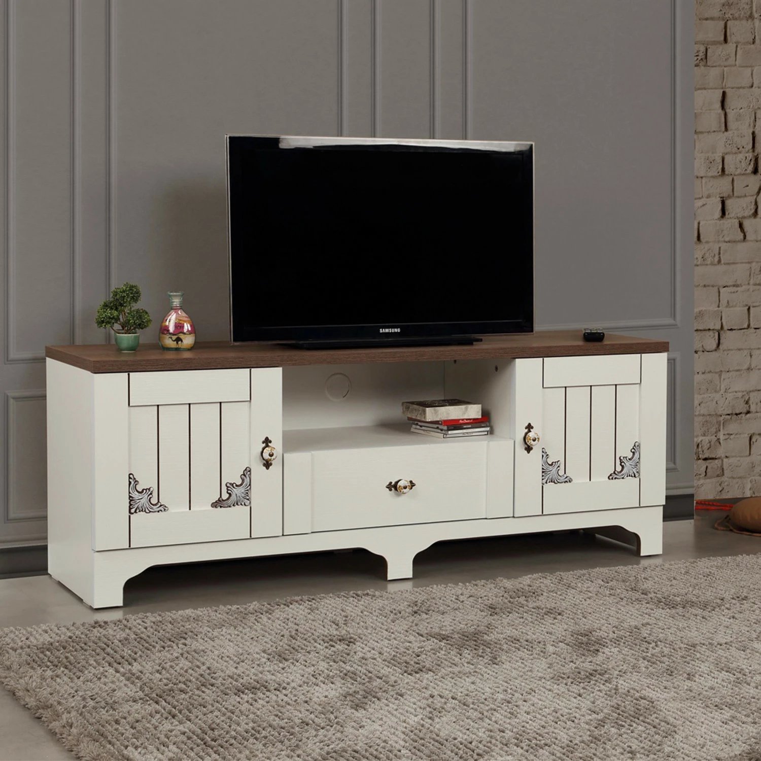 Komodë TV Hanah Home, Gazel 140, e bardhë dhe kafe