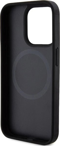 Mbështjellës DKNY Leather Printed Pattern Metal Logo MagSafe për iPhone 15 Pro Max, Zi
