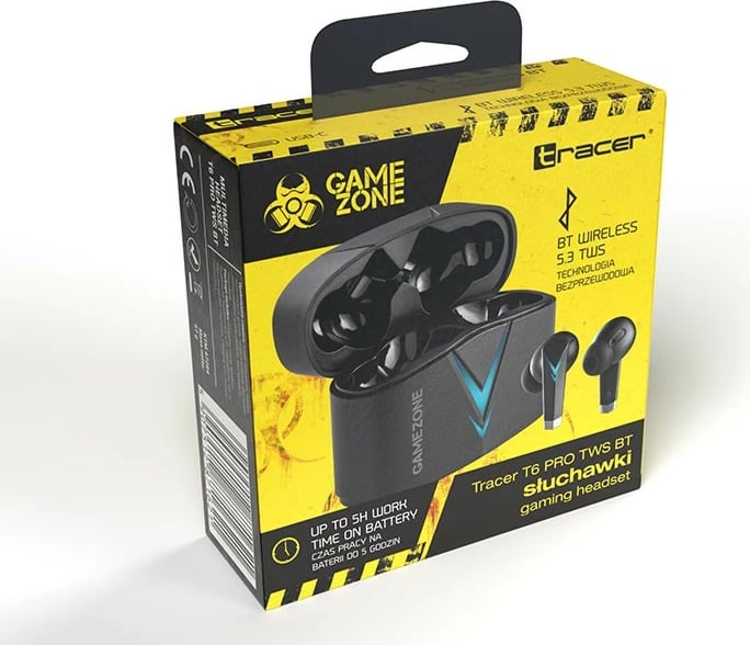 Kufje Bluetooth TWS Tracer GameZone T6 Pro TRASLU47284 me mikrofon, modalitet lojrash 65 ms, Bluetooth 5.3, kuti karikimi 300 mAh, USB-C, e zezë