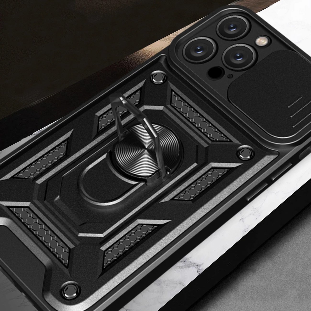 Mbështjellës Hurtel Hybrid Armor Camshield për iPhone 16 Pro Max, me mbulesë kamere dhe qëndrim, zi