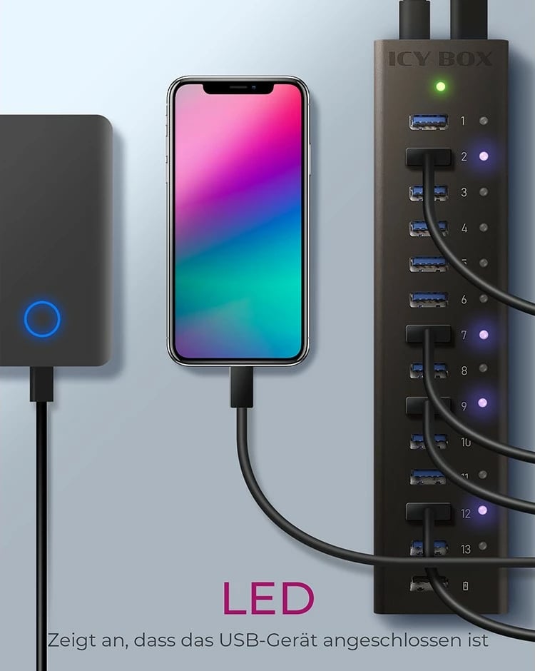 USB hub ICY BOX IB-AC6113, 14 porta, USB 3.2 Gen 1, alumini, e zezë