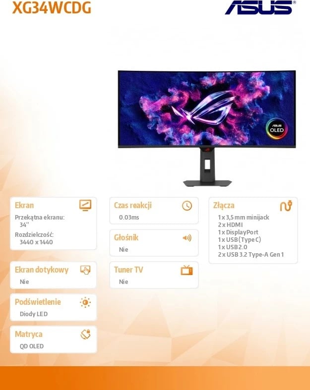 Monitor gaming Asus XG34WCDG, 34", QD-OLED, 3440 x 1440, 175 Hz, i zi Monitor gaming Asus XG34WCDG, 34", QD-OLED, 3440 x 1440, 175 Hz, i zi
