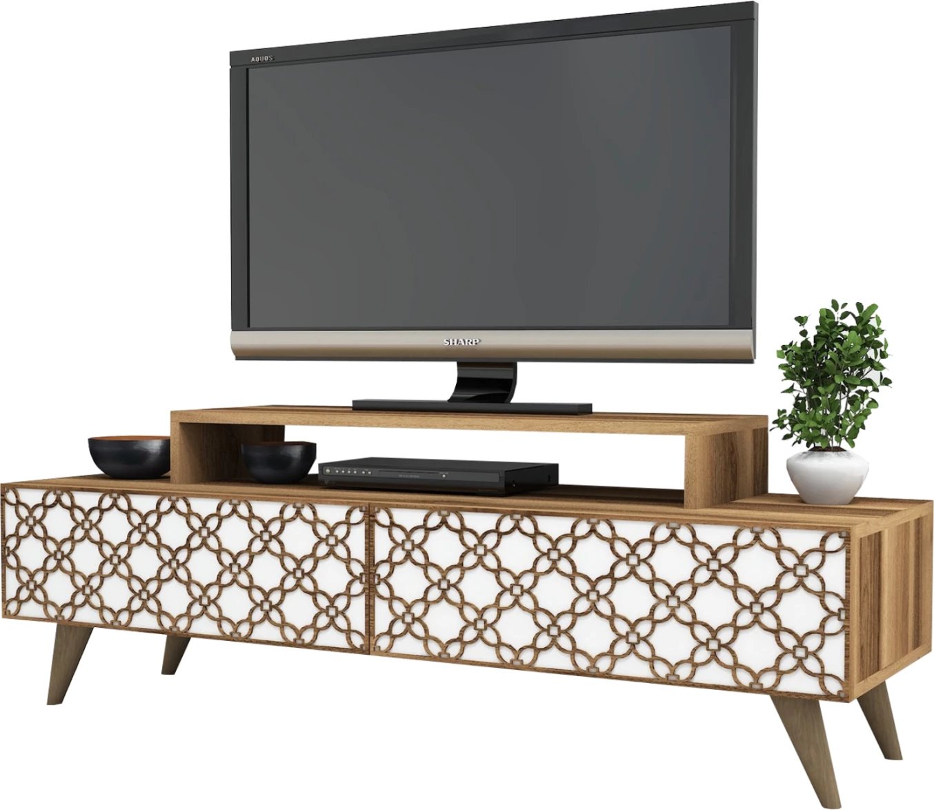 Komodinë TV melamine, ngjyrë arre dhe e bardhë, FH9510.04, 140x41.8x48.8 cm