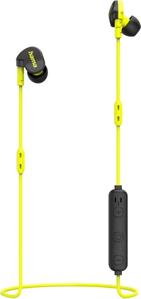Kufje in-ear me mikrofon Hama Freedom Athletics II, Bluetooth 5.3, kapëse pas veshi, USB-C, rezistente ndaj djersës, e verdhë/zezë