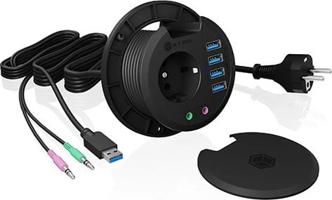 Hub desktop IcyBox IB-HUB1430, 4x USB 3.0, audio in/out, prizë 220V, zi