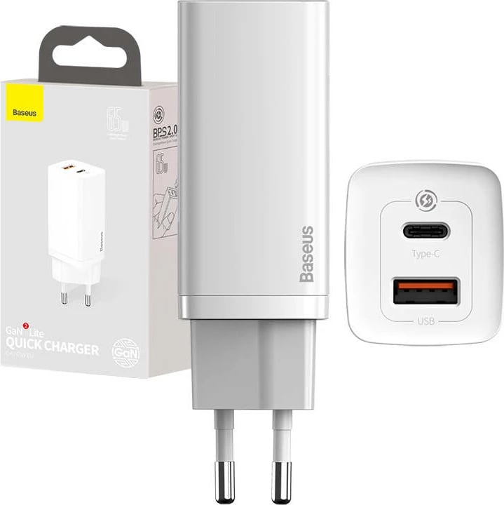 Karikues udhëtimi Baseus GaN2 Lite 65W, USB-C + USB-A, i bardhë
