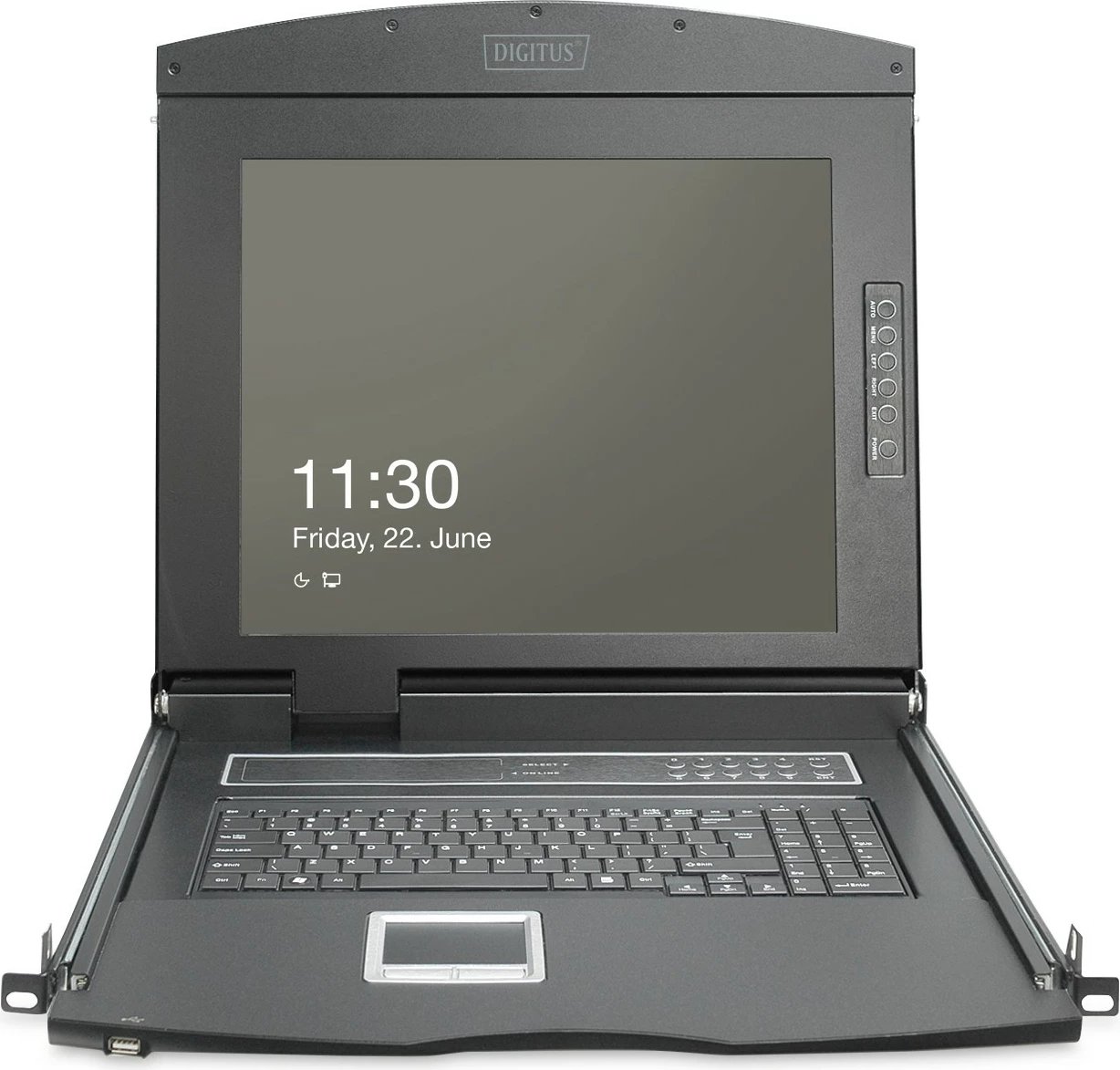 Konsolë rack Digitus 19" LCD, 16-port KVM, QWERTY US, e zezë