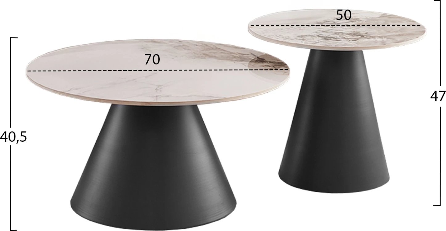 Set 2 tavolina kafeje Ridge(X), pllaka sinterizimi, bazë e zezë, Φ50cm & Φ70cm