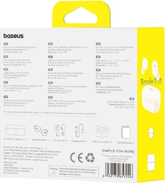 Kufje Baseus Bowie E18, True Wireless Stereo (TWS), Bluetooth, Bardhë