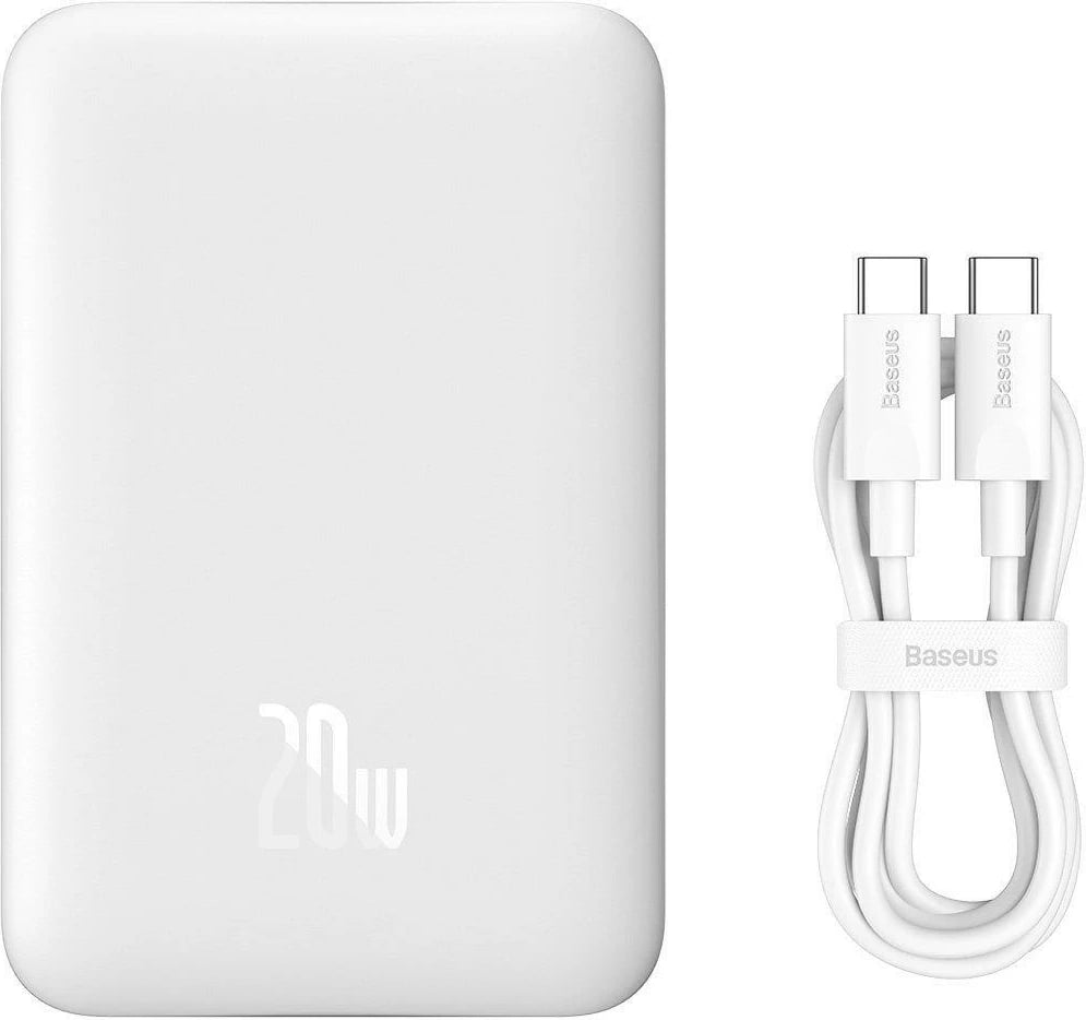 Powerbank Baseus Magnetic Mini 10000mAh, USB-C PD 20W / MagSafe 15W, i bardhë, me kabllo USB-C
