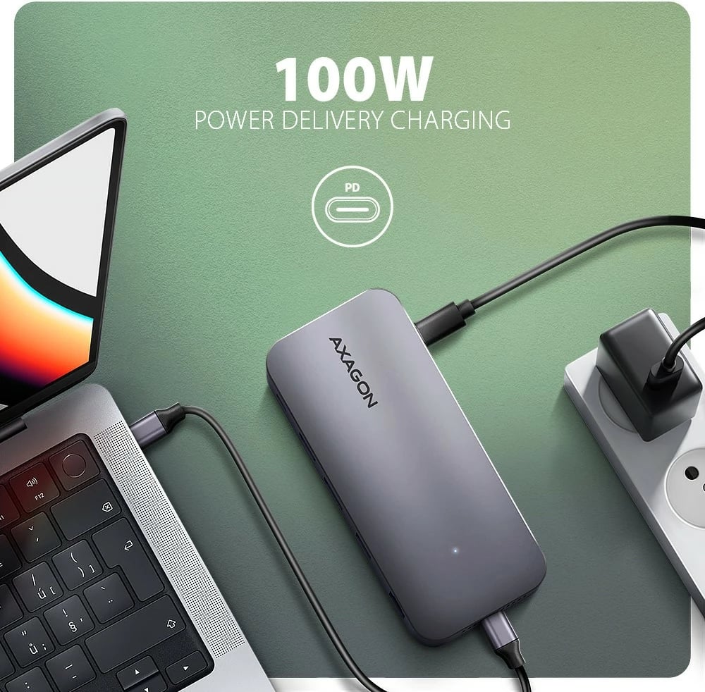 Kasë multiport AXAGON HMC-12GM2 12in1 me slot M.2 NVMe/SATA, 10Gbps, 3x USB-A, USB-C, HDMI 4K/60Hz, DP 4K/60Hz, GLAN, SD/microSD, audio, PD 100W, 50cm, Gri