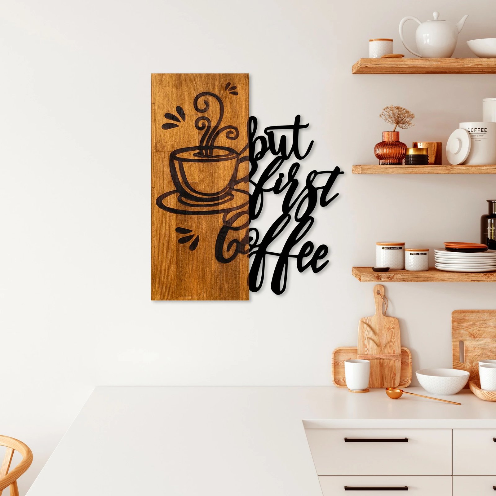 Aksesor dekorativ muri prej druri, Wallity, Coffee First